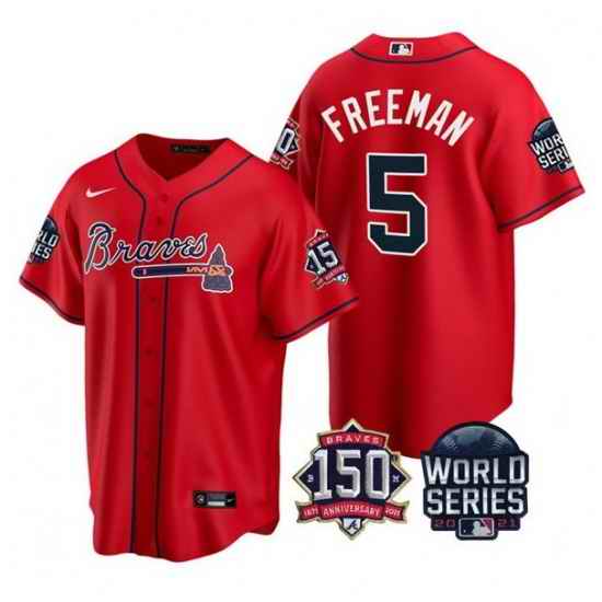 Men Atlanta Braves 5 Freddie Freeman 2021 Red World Series With 150th Anniversary Patch Cool Base Stitched Jersey